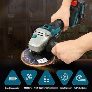 Handheld cordless angle grinder, ideal for woodworking, maintenance and renovation. Features replaceable grinding wheels to handle a wide range of applications.