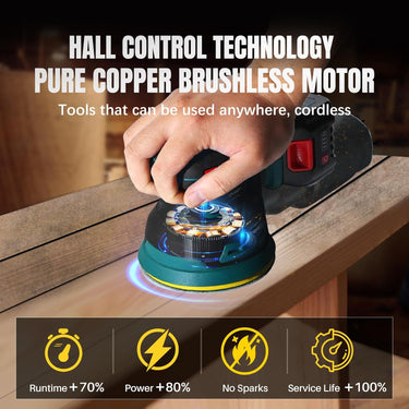 Cordless Random Orbital Sander, battery-powered, no power cord required, ideal for sanding in woodworking, renovation and other applications.