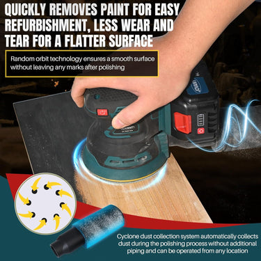 Cordless Random Orbital Sander, battery-powered, no power cord required, ideal for sanding in woodworking, renovation and other applications.
