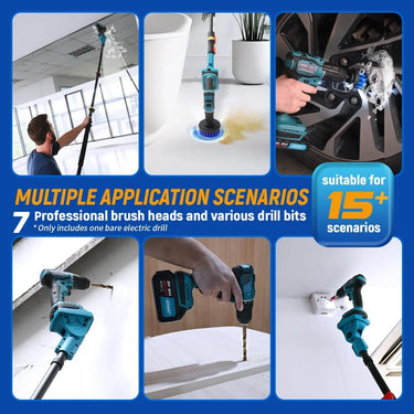 You can freely switch between a cordless drill for drill hole on steel,wood and cleaning brush for cleaning bathroom surface,floor,tile,car,toilet and carpet etc