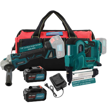 JOVANT 20V Max 2-in-1 power tool combo kit, cordless angle grinder + brad nailer, 2 batteries, charger and heavy-duty storage tool bag