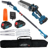 JOVANT 2-in-1 cordless pole saw complete kit includes a 6-inch brushless mini chainsaw, telescoping extension pole, 2× 20V 4.0Ah batteries, fast charger, 2 guide bars, 2 chains, bar cover and a carry bag. Everything you need for tree trimming, branch cutting and yard cleanup.