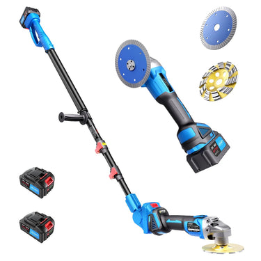 Complete kit includes the 2-in-1 pole angle grinder, telescoping extension pole, 2× 20V MAX batteries, a stone grinding disc and a cutting disc. Ready to grind, cut and polish stone, marble and concrete right out of the box.