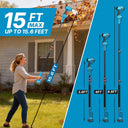 Leaf blower equip with extendable pole (up to 15ft), when unextended, the pole measures 3.6 ft; when extended by one section, it measures 6 ft; and when extended by two sections, it measures 8.6 ft.