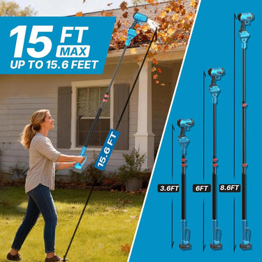 Leaf blower equip with extendable pole (up to 15ft), when unextended, the pole measures 3.6 ft; when extended by one section, it measures 6 ft; and when extended by two sections, it measures 8.6 ft.