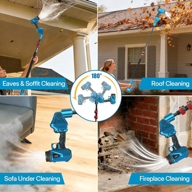 pole leaf blower equip with 180° Adjustable Nozzle: Precision Cleaning Made Easy. Rotate the angled head to hit gutter corners, tight eaves, or ground debris—no repositioning needed. Ideal for detailed roof and yard cleanup.