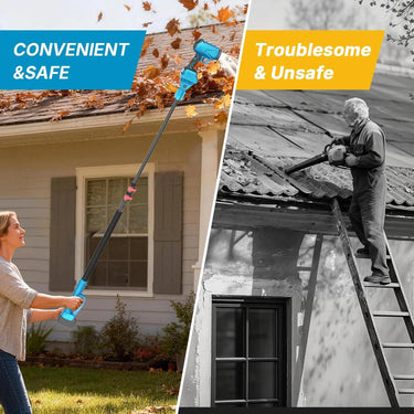 pole leaf blower is highly convenient and safe. It allows you to clear fallen leaves from high eaves without the need to climb a ladder.
