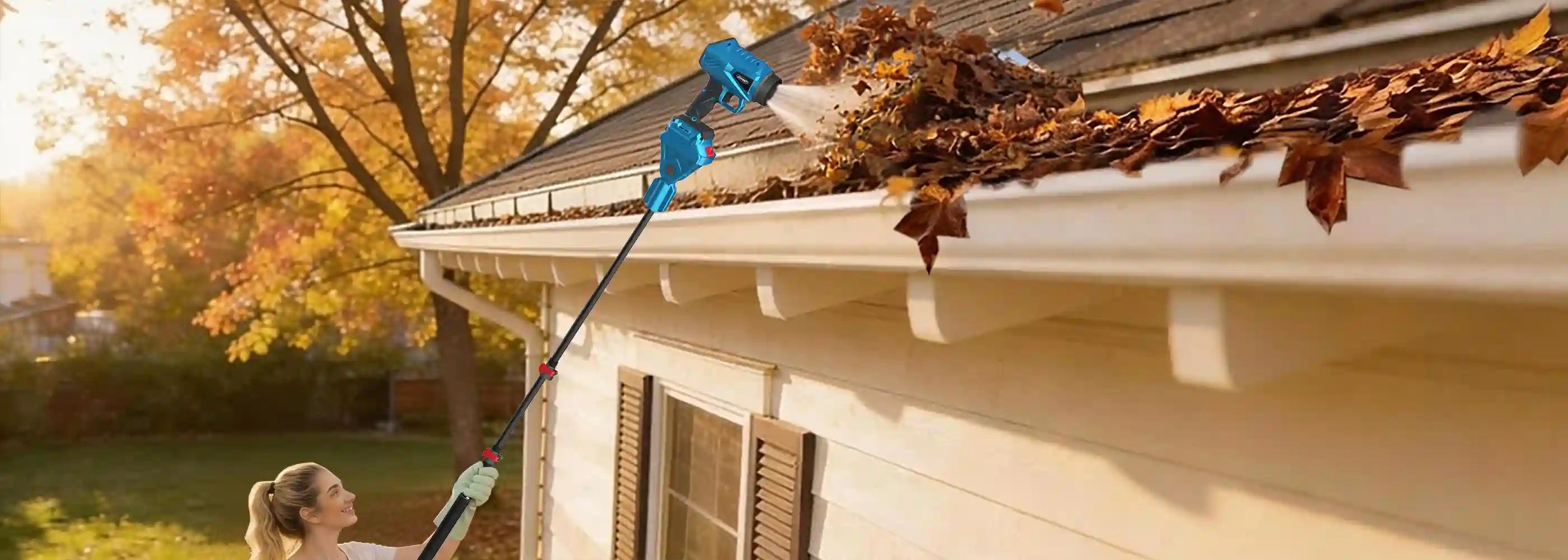 2-in-1 Cordless Pole Leaf Blower with 2 Batteries & Charger, Lightweight Electric Leaf Blower Cordless for Patio, Lawn, Roof, Gutter, and Ceiling Cleaning