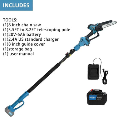 8-inch low kick back full compliment bar and chain, auto oiling for low maintenance comfort grip handle.