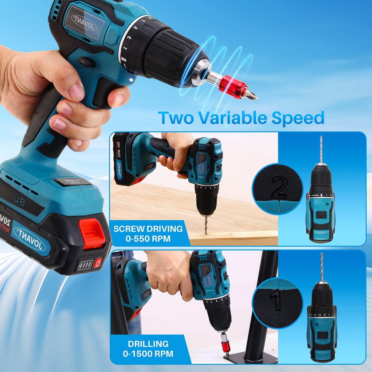 JOVANT Cordless Drill with Cobalt Bit Set and Battery