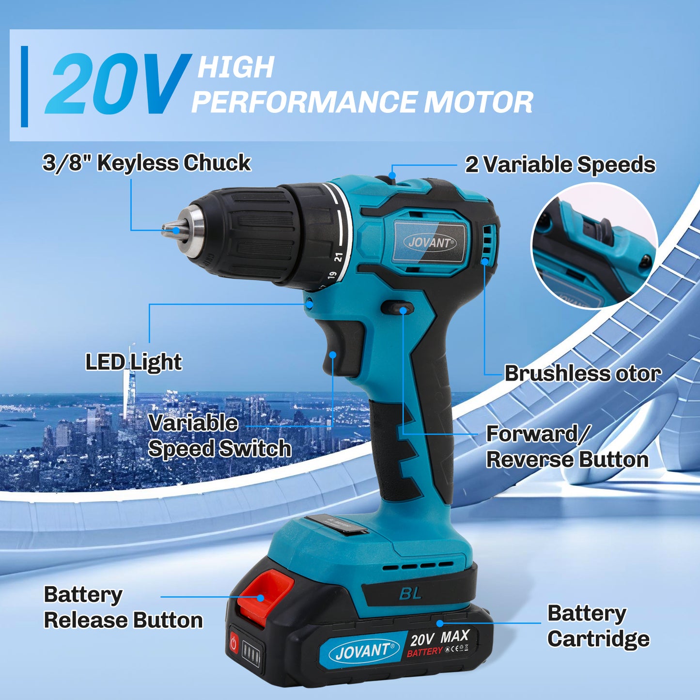 JOVANT Cordless Drill with Cobalt Bit Set and Battery