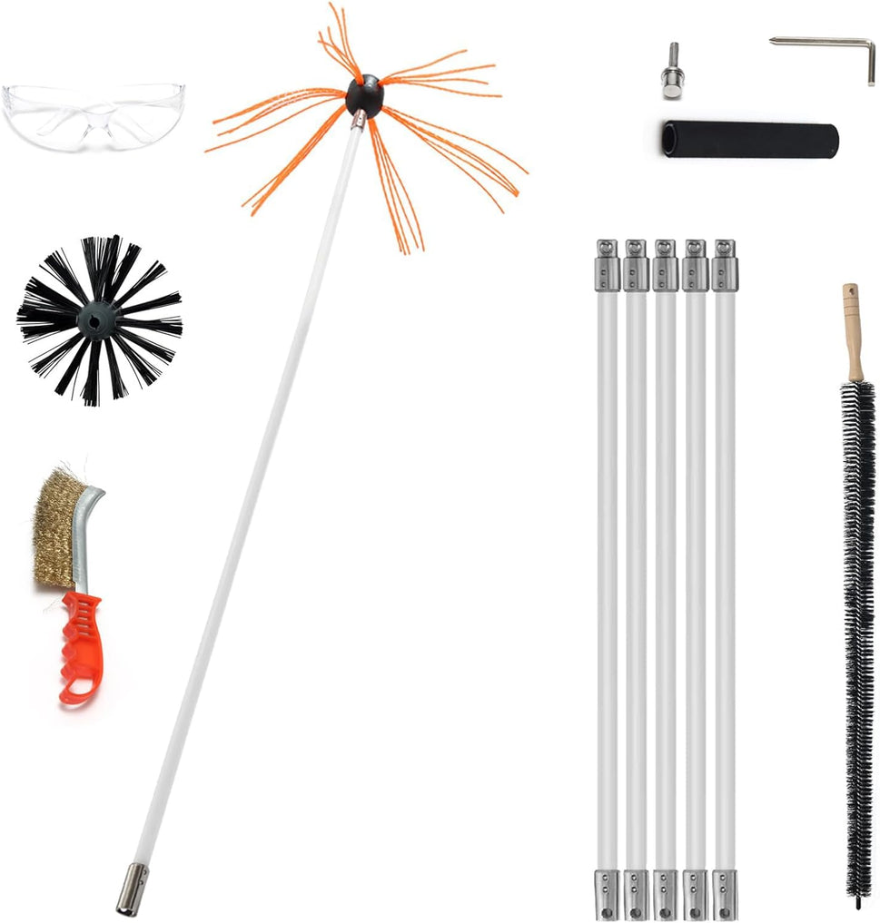 THE HIGH-QUALITY CHIMNEY CLEANING PACK: 6 flexible long white rods with a length of 1m/39.37” 1 red brush head with a diameter of 45 cm/17.7” 1 black brush head with a diameter of 10 cm/4” 1 steel wire brush 1 wooden handle Long brush 1 drill adapter 1 hex wrench 1 Safety goggle