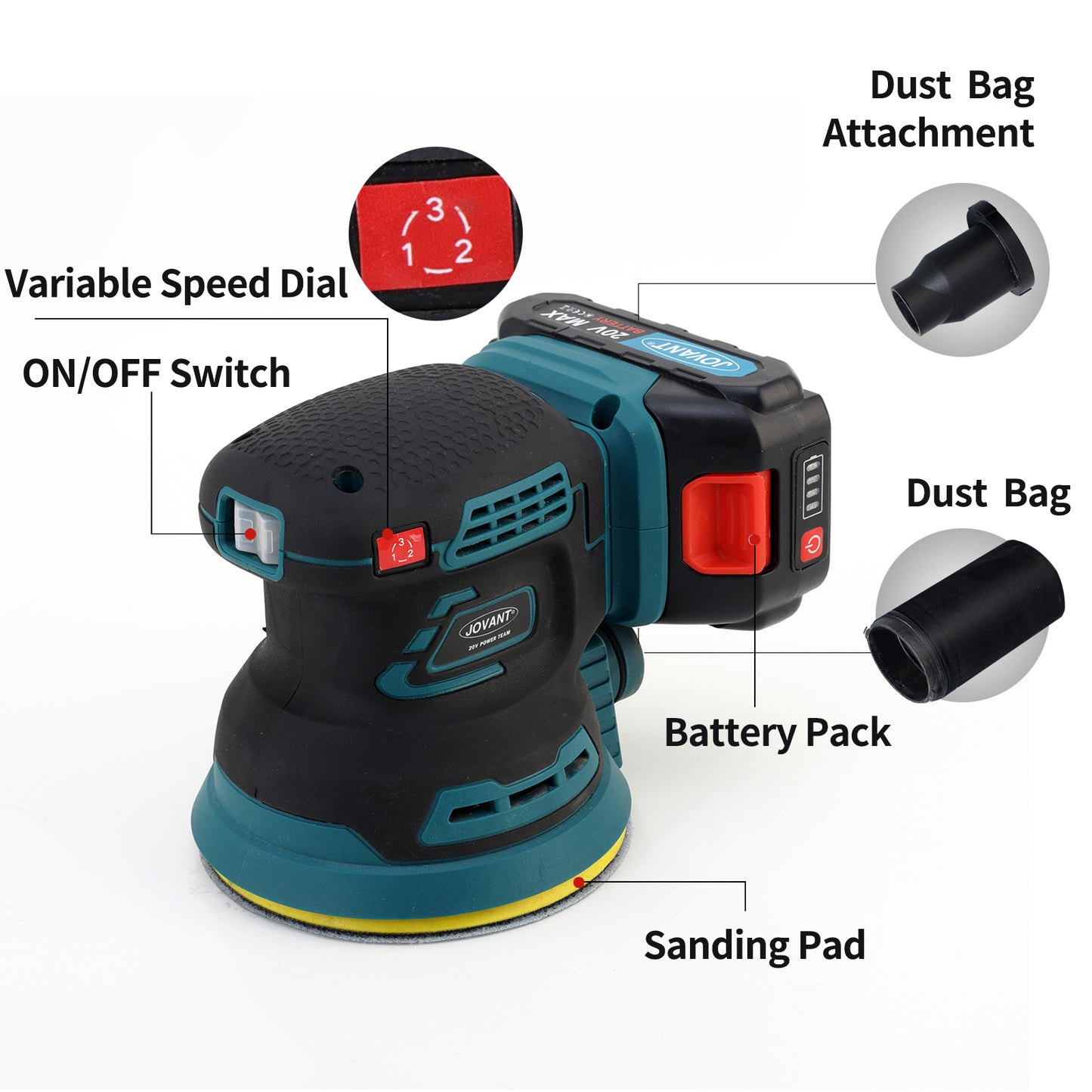 5" Brushless Orbital Sander with Dust Collector, Variable Speed