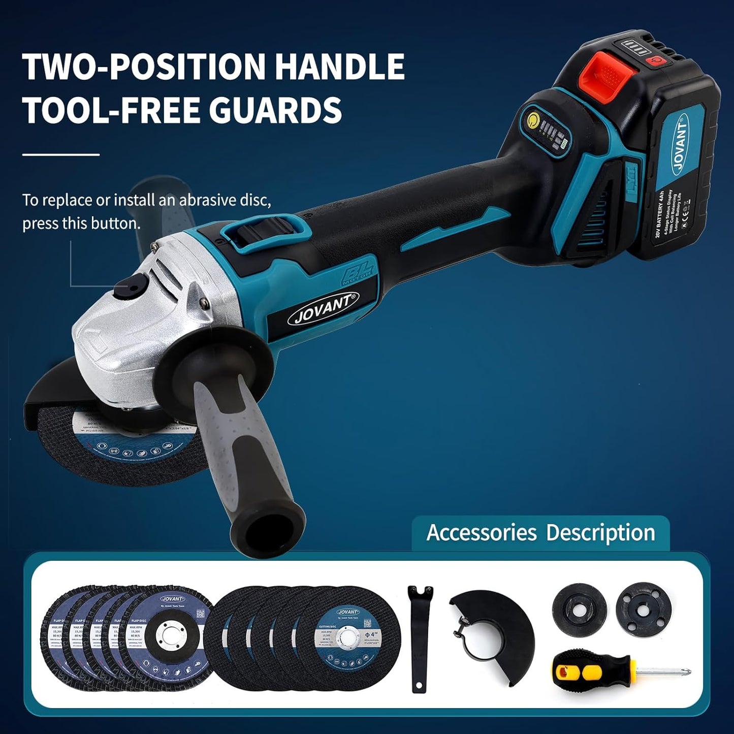 JOVANT Cordless Angle Grinder, 4", 8500RPM, Makita Compatible