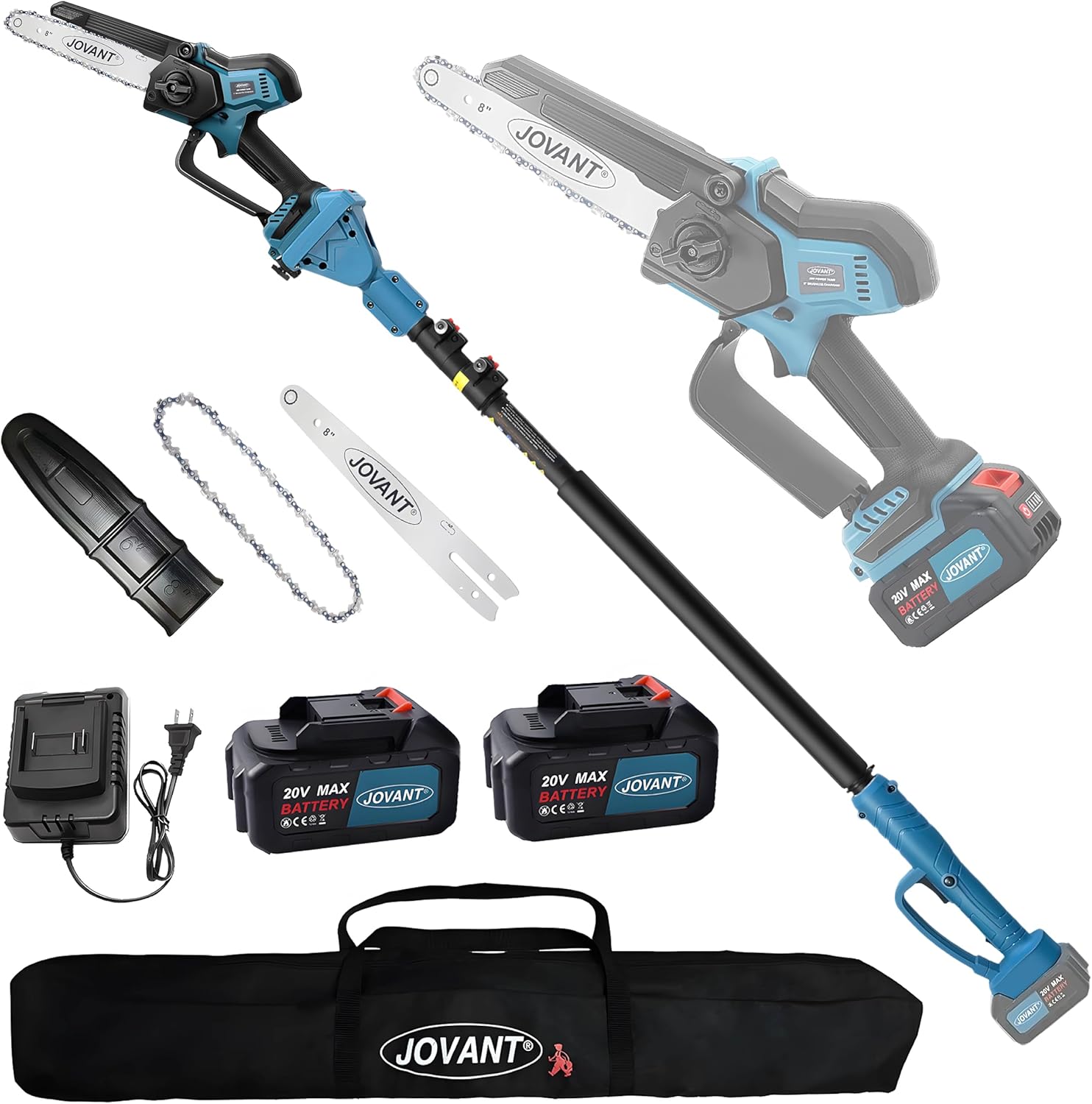 Cordless Pole Saw with 1 Max 20V*6Ah Battery, 8inch Chainsaw and Pole ...