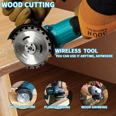 Handheld cordless angle grinder, ideal for woodworking, maintenance and renovation. Features replaceable grinding wheels to handle a wide range of applications.