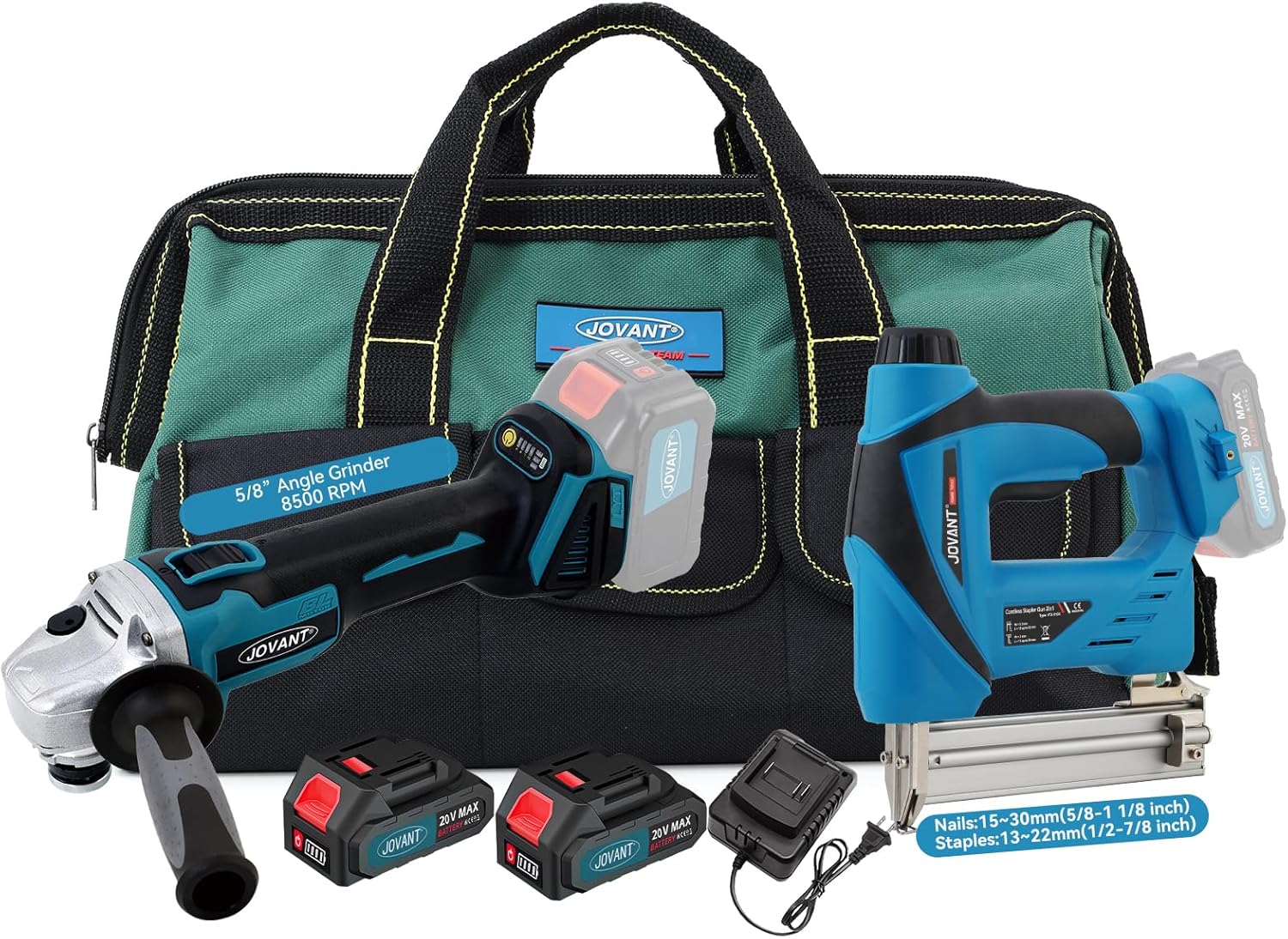 Cordless Angle Grinder & Nailer Kit, ideal for woodworking, renovation and other scenarios. Cordless design for use anytime, anywhere.
