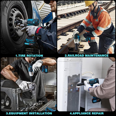 High-power cordless impact wrench for car tire removal, professional repair and DIY projects. Easily breaks loose stubborn and large fasteners.