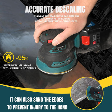 Cordless Random Orbital Sander, battery-powered, no power cord required, ideal for sanding in woodworking, renovation and other applications.