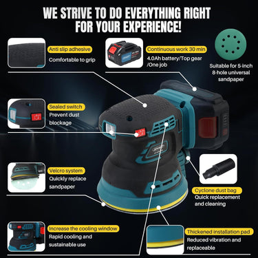 Cordless Random Orbital Sander, battery-powered, no power cord required, ideal for sanding in woodworking, renovation and other applications.