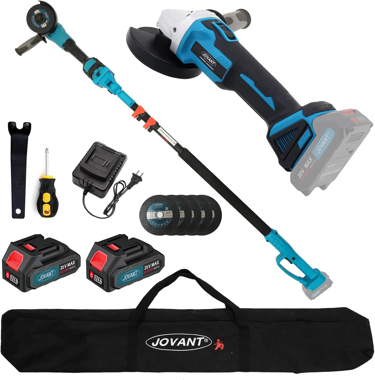 Telescopic Long Handle Angle Grinder, 2-in-1 design for high-altitude cutting and grinding. It can be used handheld as a regular cordless angle grinder, or attached to an extension pole for high work without a ladder.