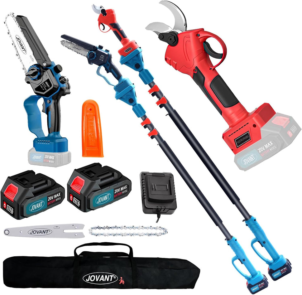 JOVANT 30MM Cordless Pruning Shear & 6“ Chainsaw & Extension Pole 3-in-1 Kit with 2pcs Batteries