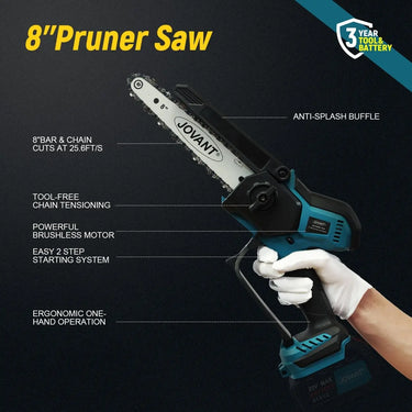 8&6 Inch Mini Chainsaw with auto oil system.Super high chain speed of 33 ft/sec and guide plate is made of titanium alloy,durable and long service life.