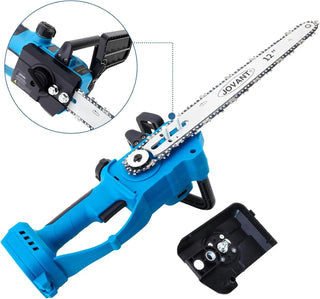 Cordless chainsaw comes with low kick back 12-inch bar and chain for construction and outdoor cutting applications.