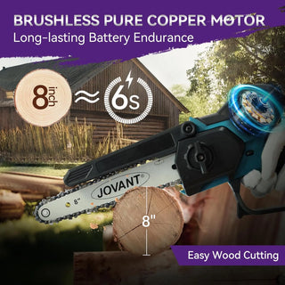 The 8-inch mini cordless chainsaw with an 8-inch guide plate and chain,equipped with a powerful motor