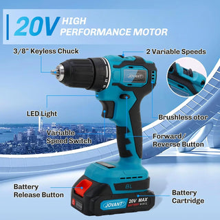Cordless Drill's function description: include 3/8" Keyless Chuck; 2 Variable Speeds; LED Light; Varible Speed Switch; Brushless Otor and Forward/Reverse Button