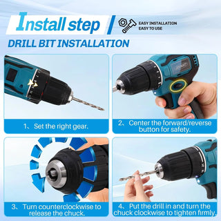 Cordless Drill's install steps: Set the right gear; Center the forward/reverse button for safety; Turn counterclock wise o release the chuck; Put the drill in and turn the chuck clockwise to tighten firmly