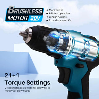 cordless drill kit is equipped with a high-performance brushless motor,providing maximum power and efficiency for all your drilling needs
