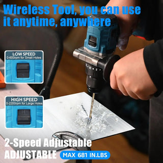 wireless drill with two variable speed options (0-500 RPM and 0-1800 RPM)