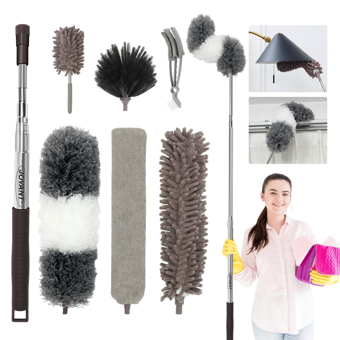 JOVANT 8FT Telescopic Duster Kit with 6 Washable Brush Heads