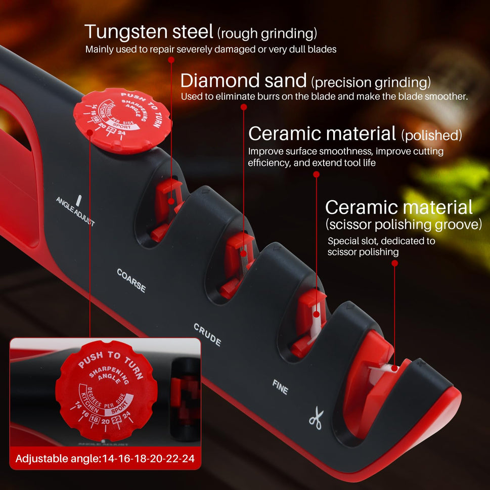 Tungsten steel (rough grinding)Mainly used to repair severely damaged or very dull blades Diamond sand (precision grinding)Used to eliminate burrs on the blade and make the blade smoother. Ceramic material (polished)Improve surface smoothness, improve cuttingeffciency, and extend tool life Ceramic material(scissor polishing grooveSpecial slot, dedicated toscissor polishing Adjustable angle:14-16-18-20-22-24