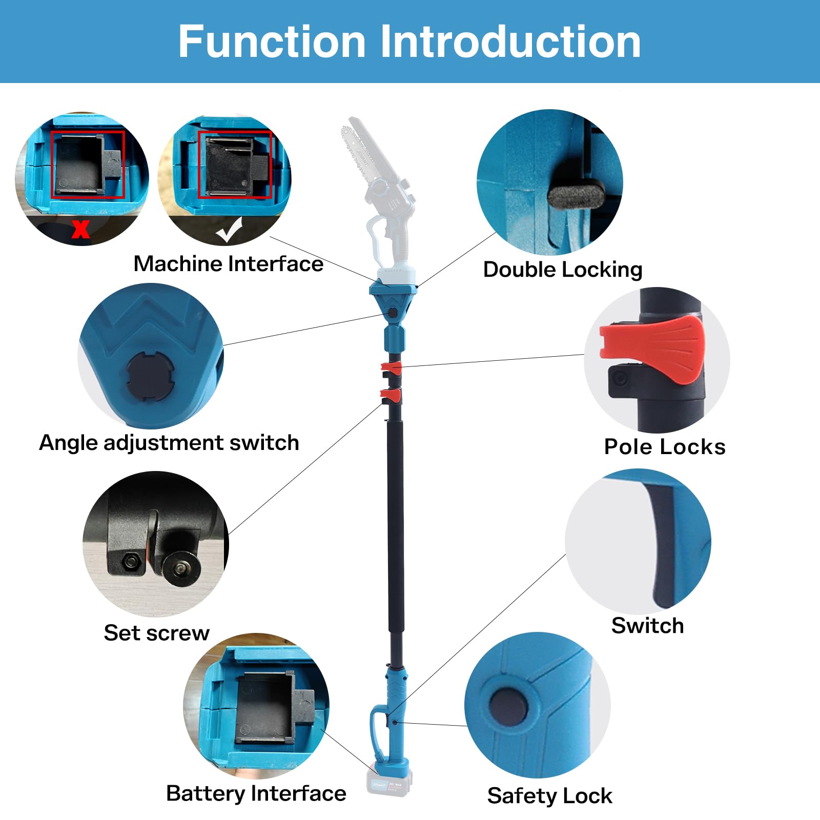 Function Introduction: Machine Interface Double Locking Angle adjustment switch Pole Locks Switch Set screw Battery Interface Safety Lock