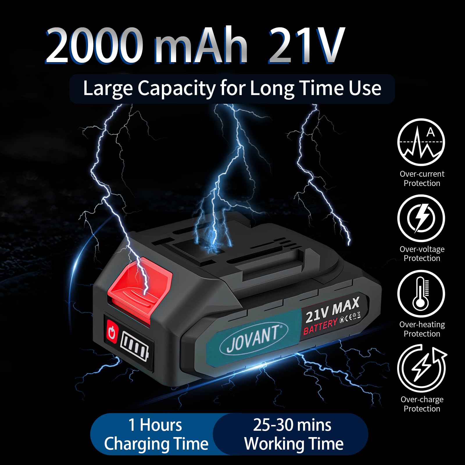 2000mAh Large capacity, 1 hour charge for 30min work