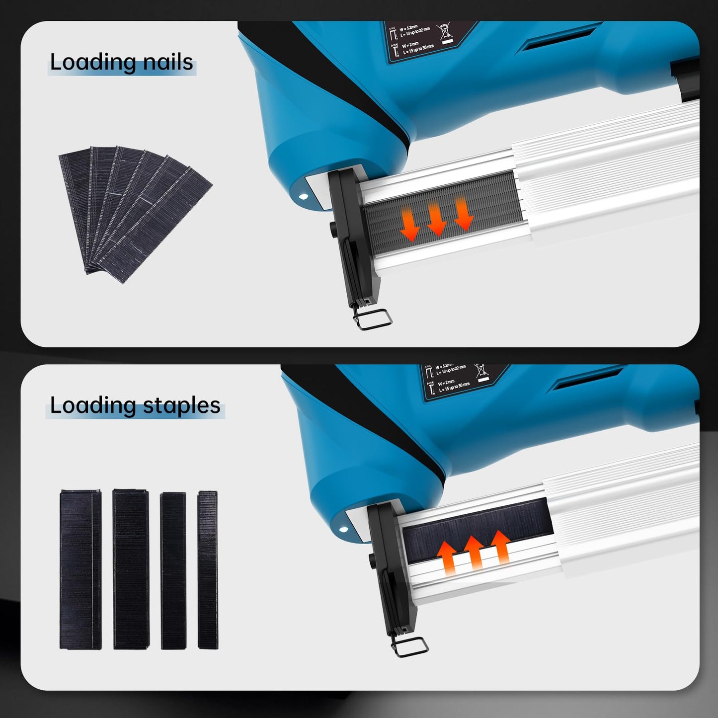 Loading nails by insert it in the silver part of the nail gun, the key is to find the right groove that fit the nail type.