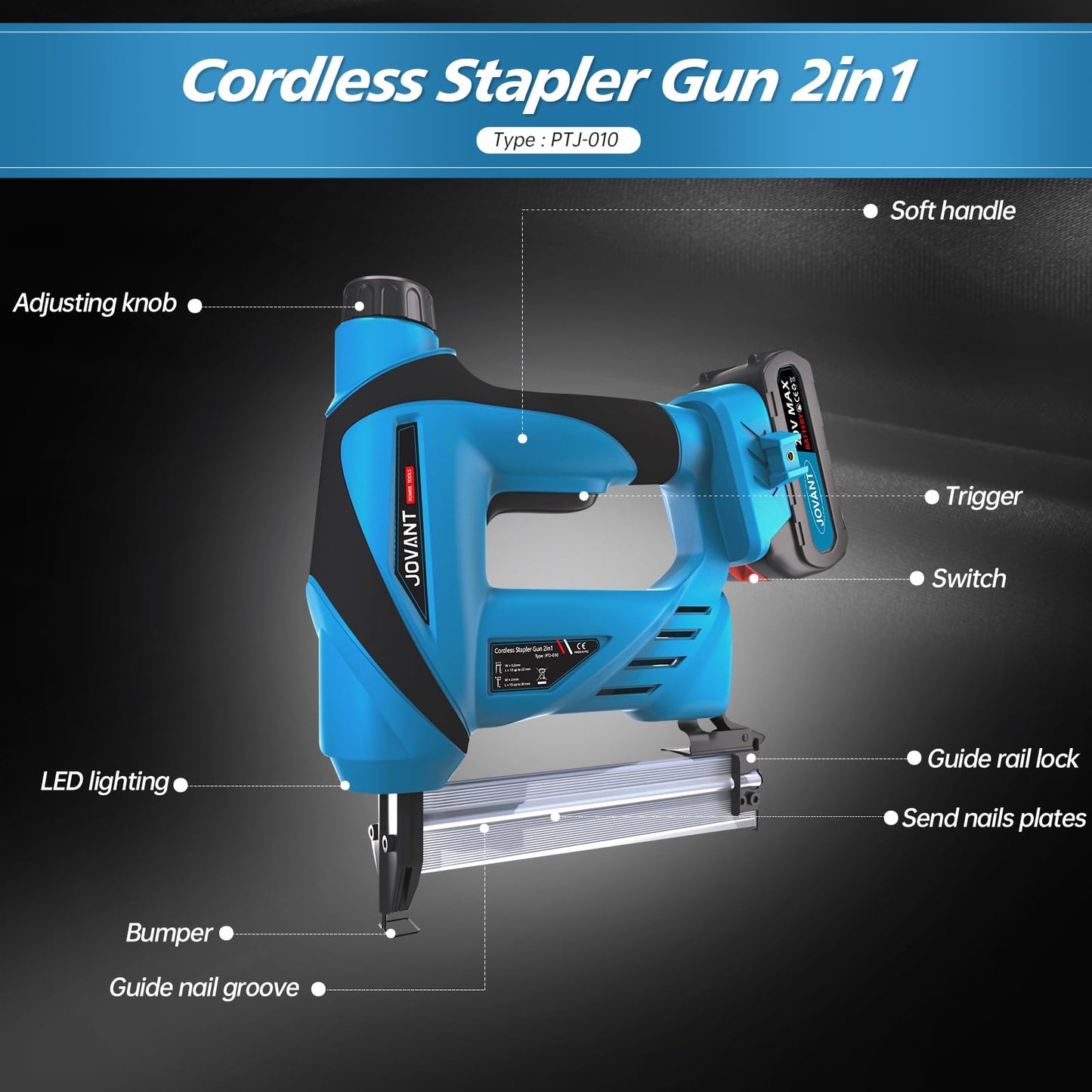 Cordless Stapler Gun 2in1 Type : PTJ-010 Soft handle Adjusting knob . Trigger Switch Guide rail lock LED lighting . Send nails plates Bumper  Guide nail groove 