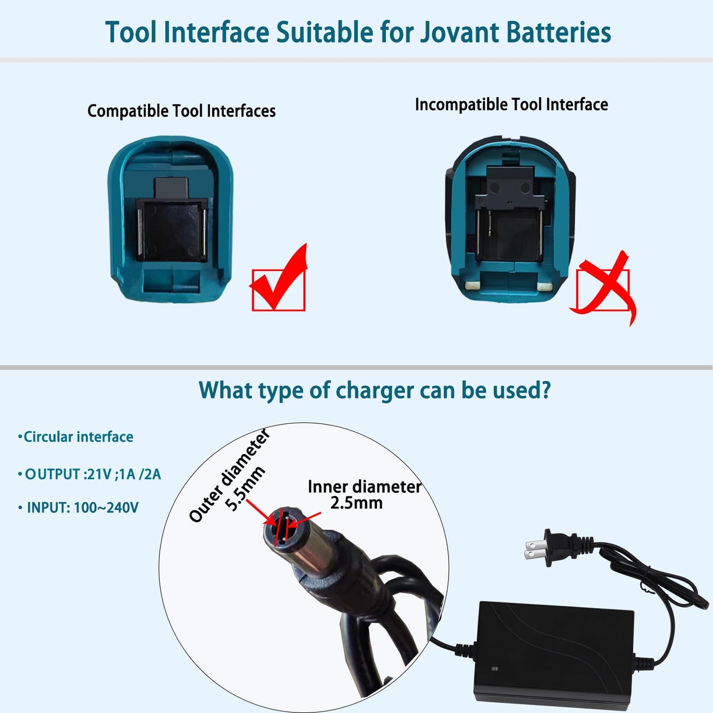 Compatible with lots of other cordless tools, but the battery detach interface should match JOVANT tools interface; Compatible with other brands’ charger, if the charger plugin size, output and input matches: charger plugin size: outer diameter 5.5mm; inner diameter 2.5mm OUTPUT: 21V; 1A/2A INPUT: 100-240V