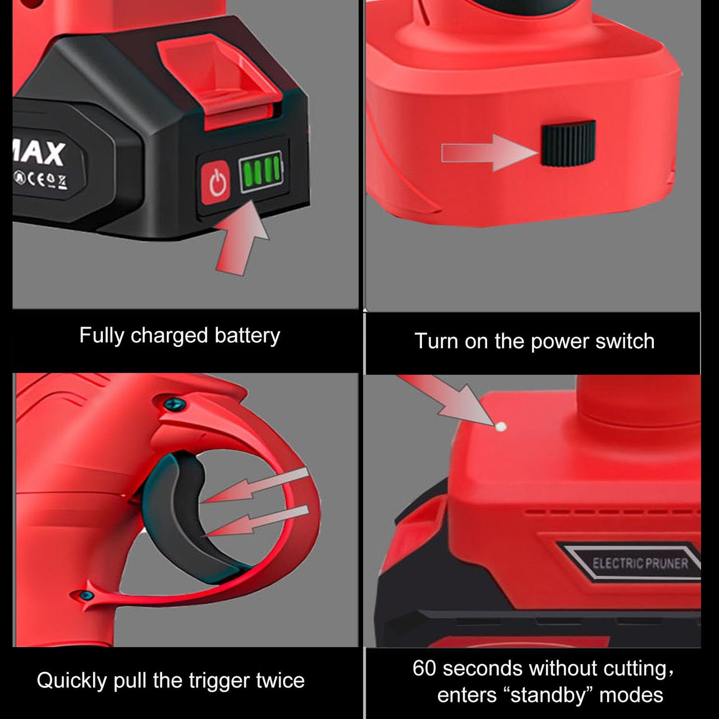 Fully charged battery Turn on the power switch 60 seconds without cutting, Quickly pull the trigger twice enters "standby" modes