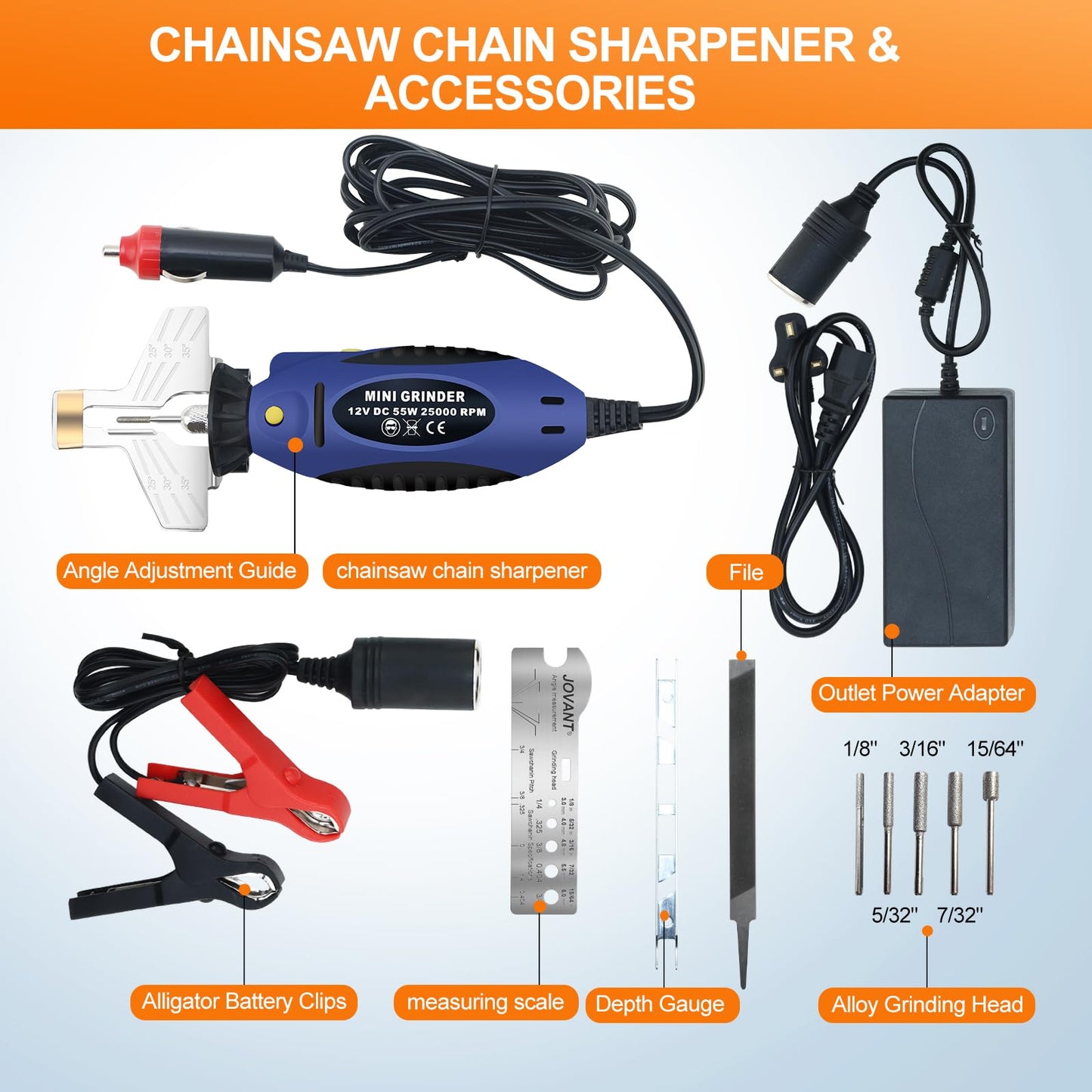 JOVANT Handheld Electric Chainsaw Sharpener with 110V to 12V Outlet Power Adapter