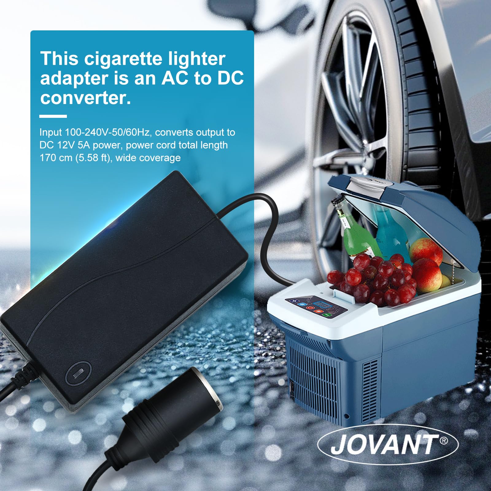 This cigarette lighteradapter is an AC to DCconverter. Input 100-240V-50/60Hz, converts output toDC 12V 5A power, power cord total length170 cm (5.58 ft), wide coverage