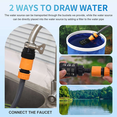 Two water intake methods for Jovant cordless pressure washer, connect faucet or draw water from bucket and lake