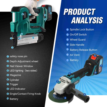 JOVANT 20V Max 2-in-1 tools working scenes, cordless brad nailer for woodworking and angle grinder for metal cutting & grinding