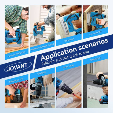 JOVANT 20V Max cordless drill brad nailer combo kit working scenes for furniture production, wood flooring, steel drilling and cement drilling