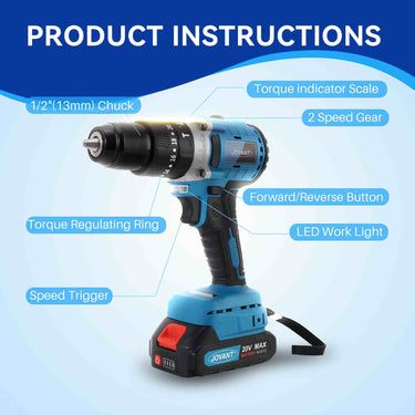 JOVANT 20V Max brushless cordless drill parts labeled diagram, 1/2 inch chuck, 2 speed gear, torque adjustment ring and LED work light