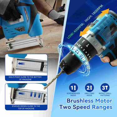 JOVANT 20V Max brushless cordless drill with 2 speed ranges 450-1800RPM, 3 work modes, and 2-in-1 brad nailer staple gun loading instructions