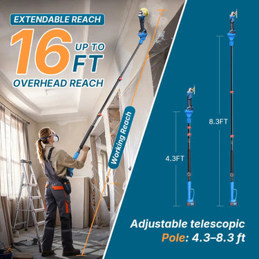 Jovant 2-in-1 cordless angle grinder with adjustable telescopic pole, up to 16ft overhead reach for ceiling grinding, no ladder needed
