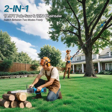 2-in-1 design gives you two tools in one. Switch freely between a 17.9 ft long-reach pole saw for high branches and a 12-inch handheld chainsaw for firewood cutting and close-up yard work. One battery-powered tool handles overhead pruning, log cutting and all your outdoor trimming needs.